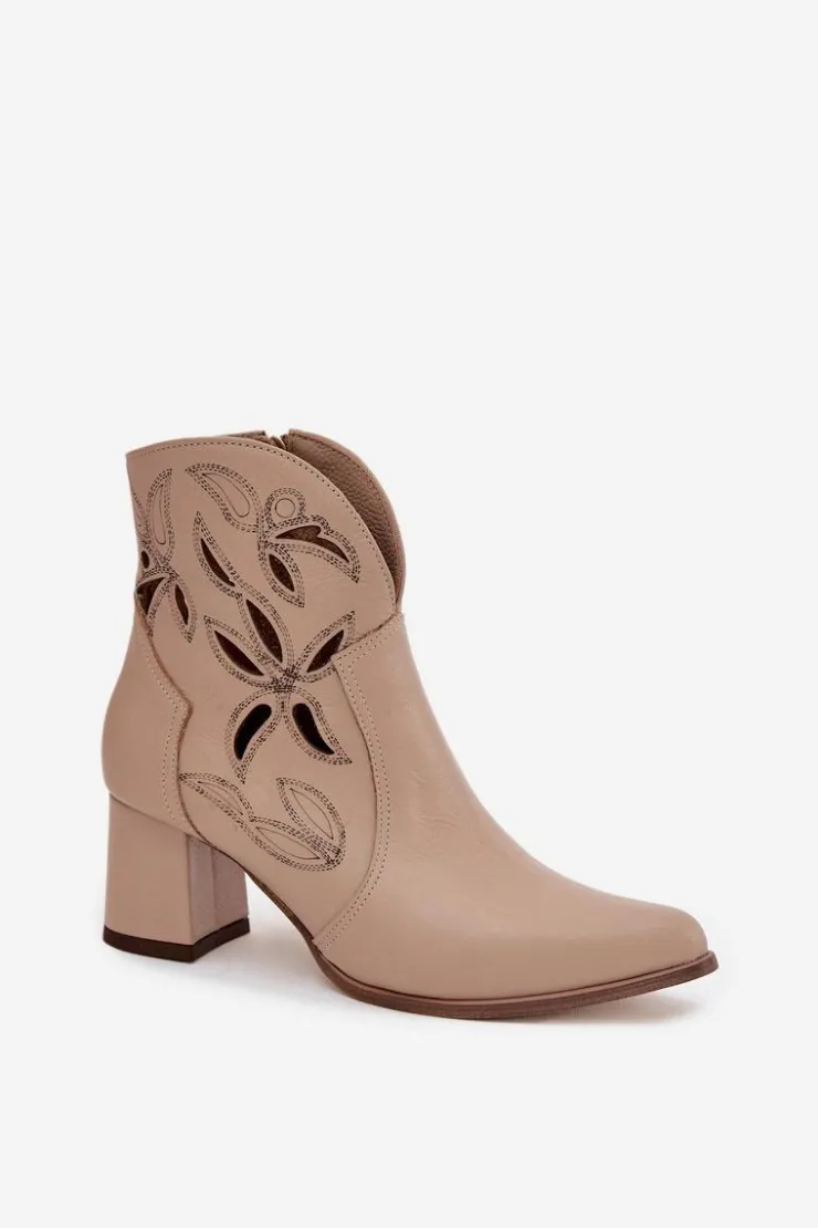 Outlet Zazoo Skórzane Ażurowe Botki Damskie Na Słupku 3647 Jasnobeżowe Beżowy