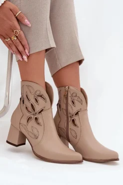 Outlet Zazoo Skórzane Ażurowe Botki Damskie Na Słupku 3647 Jasnobeżowe Beżowy