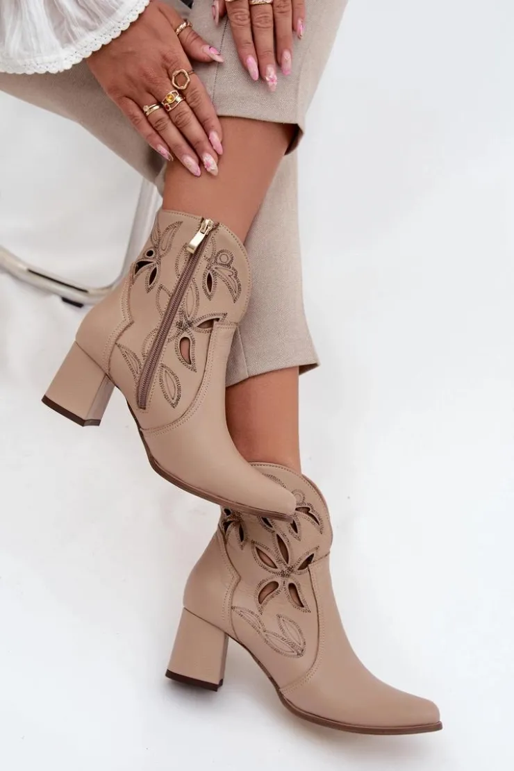 Outlet Zazoo Skórzane Ażurowe Botki Damskie Na Słupku 3647 Jasnobeżowe Beżowy