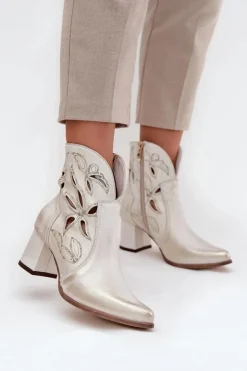 Zazoo Botki Skórzane|Botki Na Słupku*Skórzane Ażurowe Botki Damskie Na Słupku 3647 Przecierany Złoty
