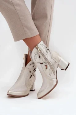 Zazoo Botki Skórzane|Botki Na Słupku*Skórzane Ażurowe Botki Damskie Na Słupku 3647 Przecierany Złoty