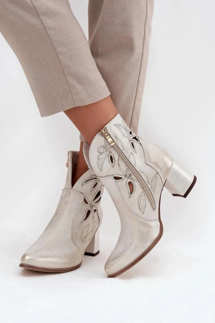 Zazoo Botki Skórzane|Botki Na Słupku*Skórzane Ażurowe Botki Damskie Na Słupku 3647 Przecierany Złoty