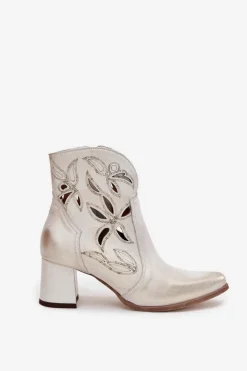 Zazoo Botki Skórzane|Botki Na Słupku*Skórzane Ażurowe Botki Damskie Na Słupku 3647 Przecierany Złoty