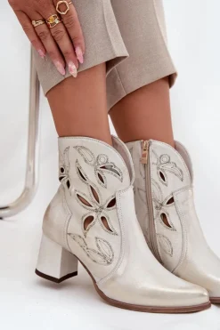 Zazoo Botki Skórzane|Botki Na Słupku*Skórzane Ażurowe Botki Damskie Na Słupku 3647 Przecierany Złoty