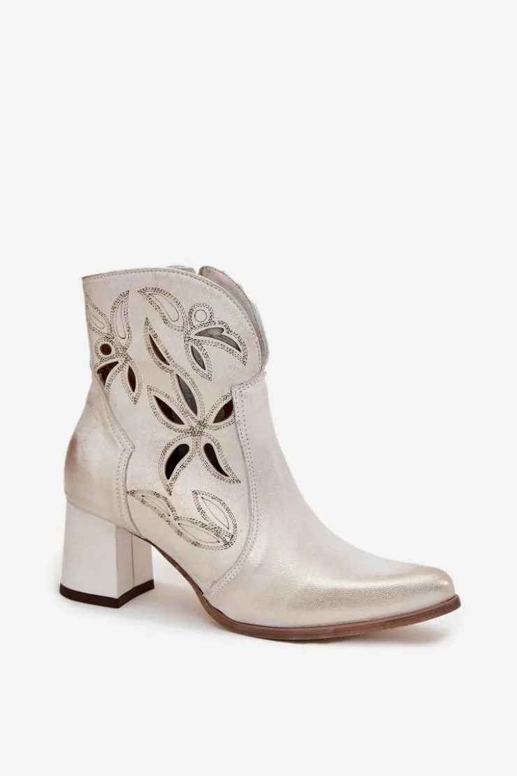 Zazoo Botki Skórzane|Botki Na Słupku*Skórzane Ażurowe Botki Damskie Na Słupku 3647 Przecierany Złoty