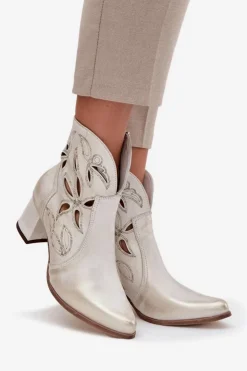 Zazoo Botki Skórzane|Botki Na Słupku*Skórzane Ażurowe Botki Damskie Na Słupku 3647 Przecierany Złoty