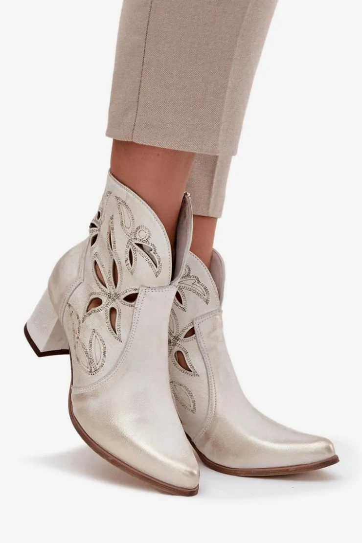 Zazoo Botki Skórzane|Botki Na Słupku*Skórzane Ażurowe Botki Damskie Na Słupku 3647 Przecierany Złoty