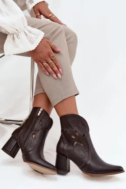 Damskie Zazoo Skórzane Ażurowe Botki Damskie Na Słupku 3647 Czekoladowe