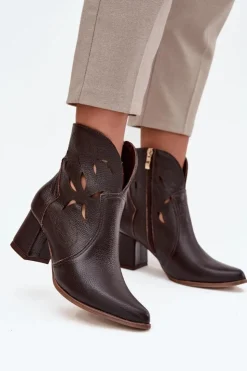 Damskie Zazoo Skórzane Ażurowe Botki Damskie Na Słupku 3647 Czekoladowe