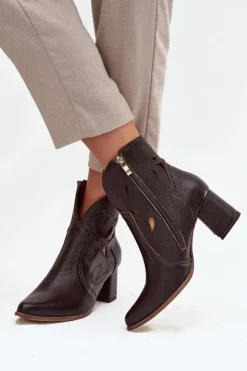 Damskie Zazoo Skórzane Ażurowe Botki Damskie Na Słupku 3647 Czekoladowe
