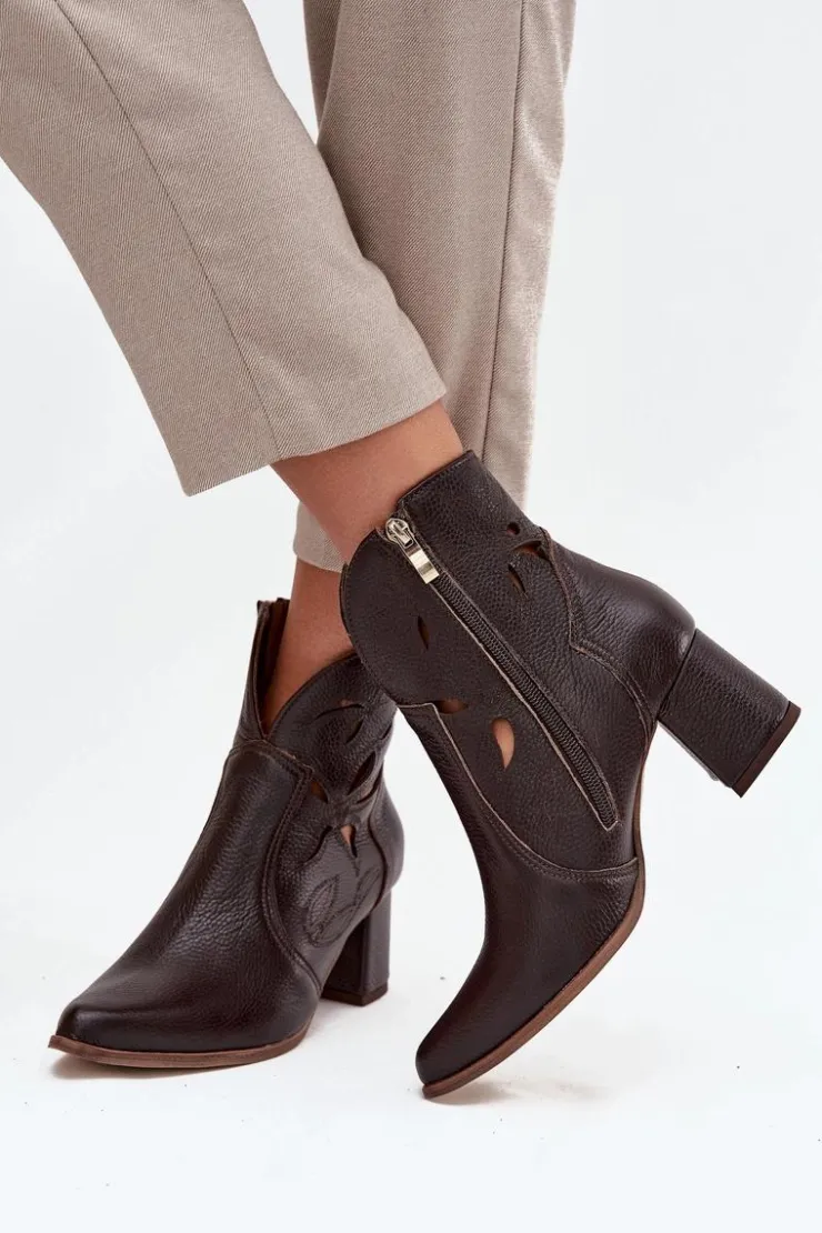 Damskie Zazoo Skórzane Ażurowe Botki Damskie Na Słupku 3647 Czekoladowe