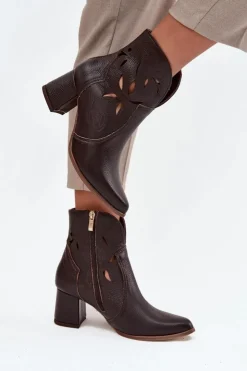 Damskie Zazoo Skórzane Ażurowe Botki Damskie Na Słupku 3647 Czekoladowe