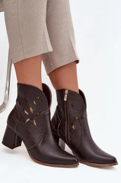 Damskie Zazoo Skórzane Ażurowe Botki Damskie Na Słupku 3647 Czekoladowe