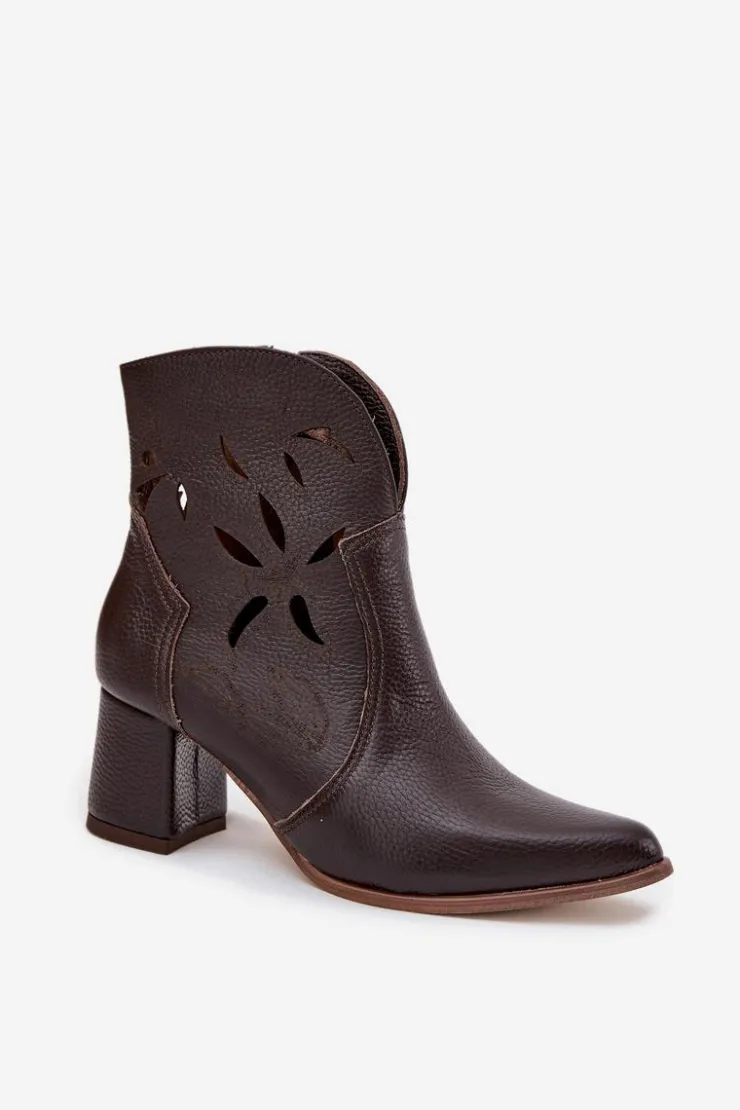 Damskie Zazoo Skórzane Ażurowe Botki Damskie Na Słupku 3647 Czekoladowe