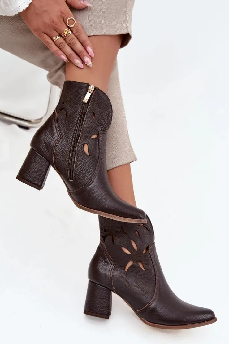 Damskie Zazoo Skórzane Ażurowe Botki Damskie Na Słupku 3647 Czekoladowe
