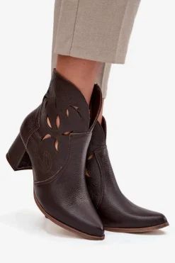 Damskie Zazoo Skórzane Ażurowe Botki Damskie Na Słupku 3647 Czekoladowe