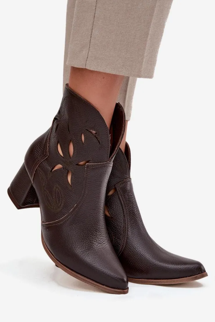 Damskie Zazoo Skórzane Ażurowe Botki Damskie Na Słupku 3647 Czekoladowe