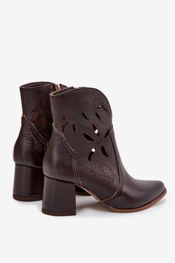 Damskie Zazoo Skórzane Ażurowe Botki Damskie Na Słupku 3647 Czekoladowe