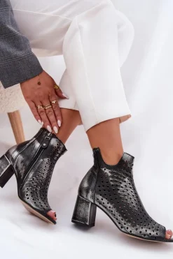 Maciejka Botki Wiosenne|Botki Maciejka*Skórzane Ażurowe Botki 05420-01 Czarne Czarny