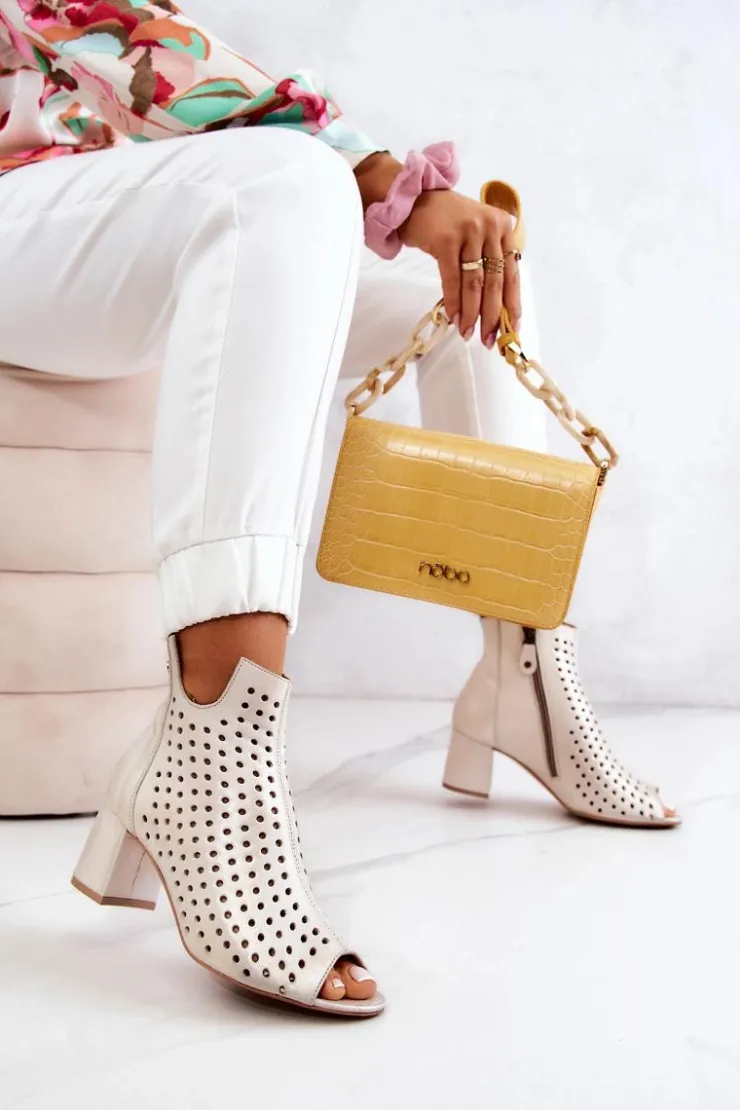 Damskie Maciejka Skórzane Ażurowe Botki 05420-04 Beżowe