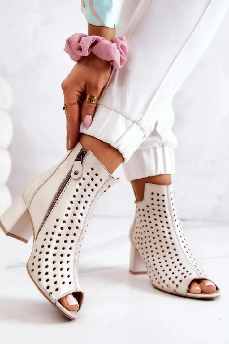 Damskie Maciejka Skórzane Ażurowe Botki 05420-04 Beżowe