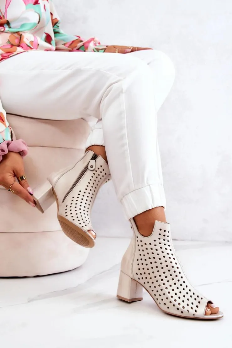 Damskie Maciejka Skórzane Ażurowe Botki 05420-04 Beżowe