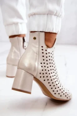 Damskie Maciejka Skórzane Ażurowe Botki 05420-04 Beżowe