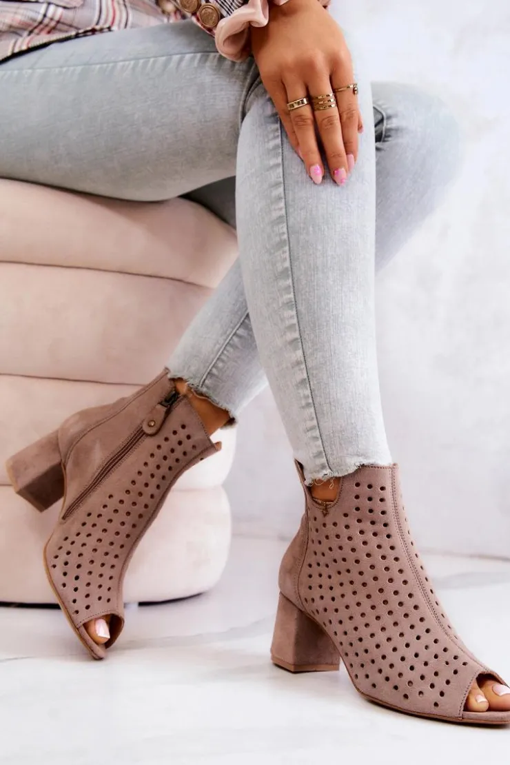 Maciejka Botki Wiosenne|Botki Maciejka*Skórzane Ażurowe Botki 05420-10 Ciemnobeżowe