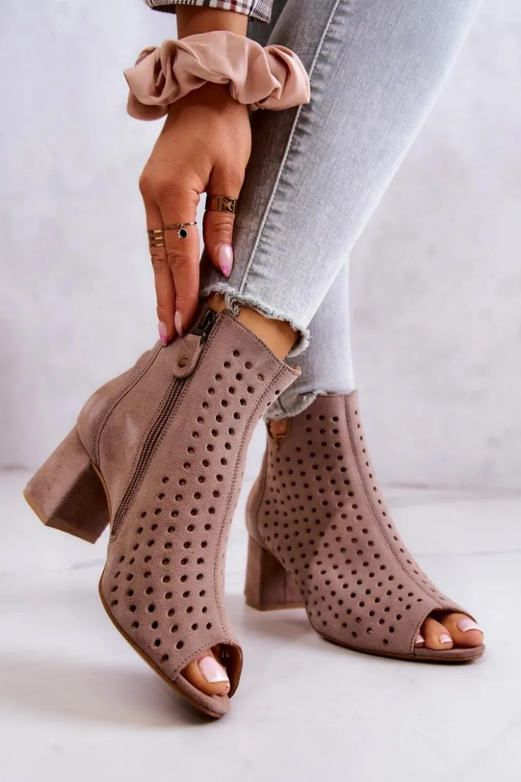 Maciejka Botki Wiosenne|Botki Maciejka*Skórzane Ażurowe Botki 05420-10 Ciemnobeżowe