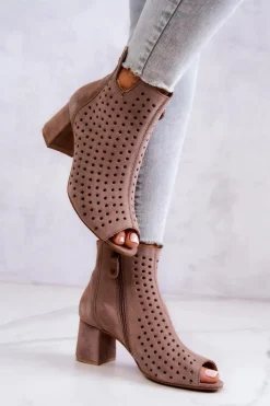 Maciejka Botki Wiosenne|Botki Maciejka*Skórzane Ażurowe Botki 05420-10 Ciemnobeżowe