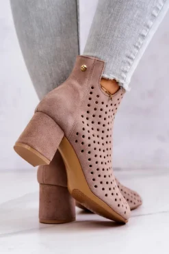 Maciejka Botki Wiosenne|Botki Maciejka*Skórzane Ażurowe Botki 05420-10 Ciemnobeżowe