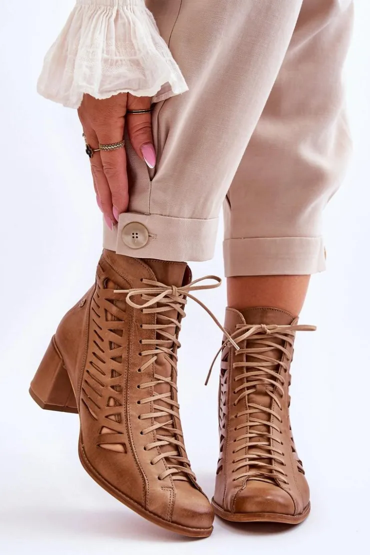 Maciejka Botki Wiosenne|Botki Maciejka*Skórzane Ażurowe Botki 05508-10 Ciemnobeżowe