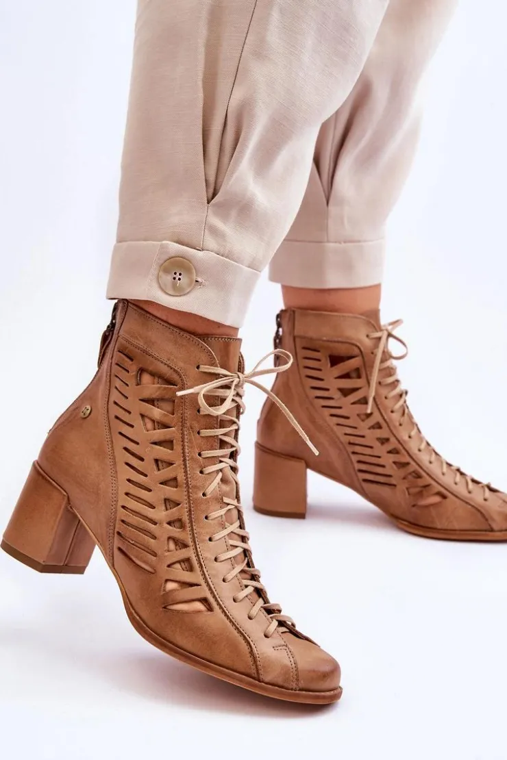 Maciejka Botki Wiosenne|Botki Maciejka*Skórzane Ażurowe Botki 05508-10 Ciemnobeżowe