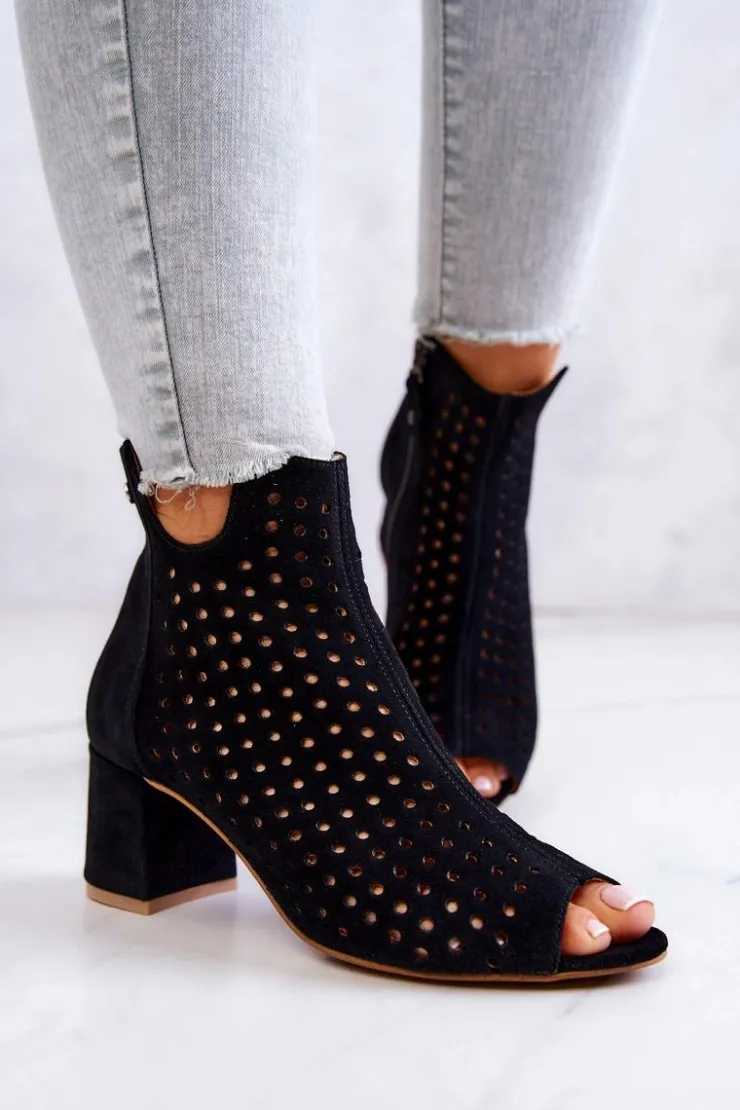 Damskie Maciejka Skórzane Ażurowe Botki 05420-43 Czarne