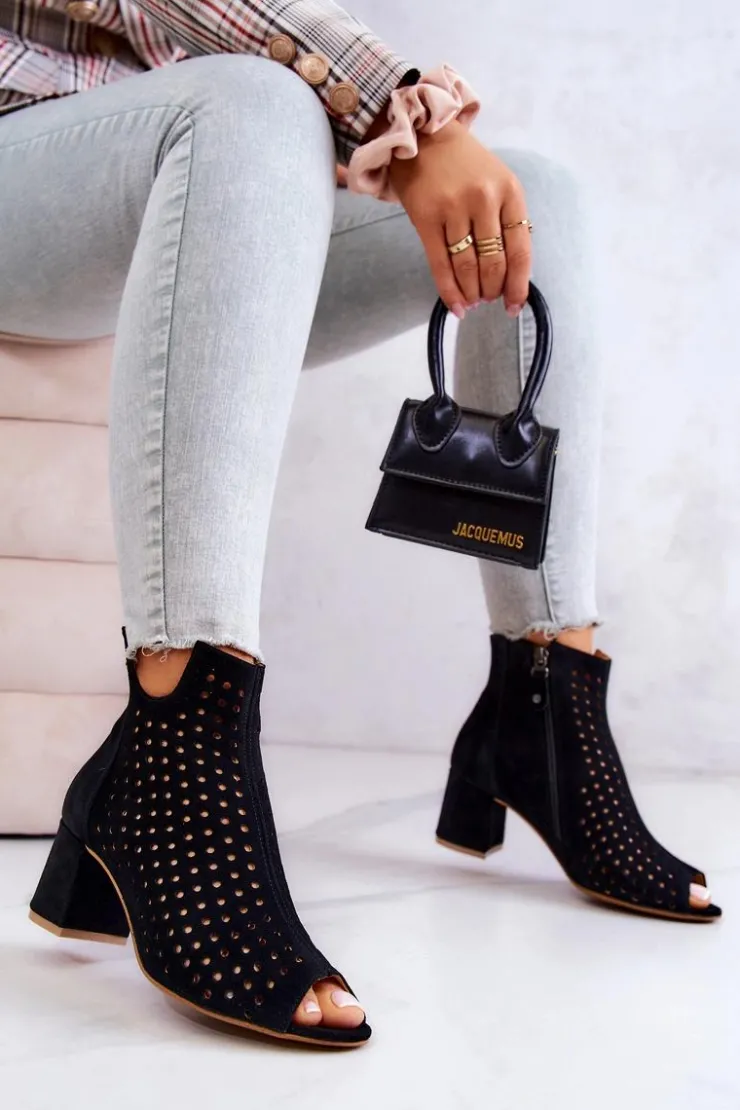 Damskie Maciejka Skórzane Ażurowe Botki 05420-43 Czarne