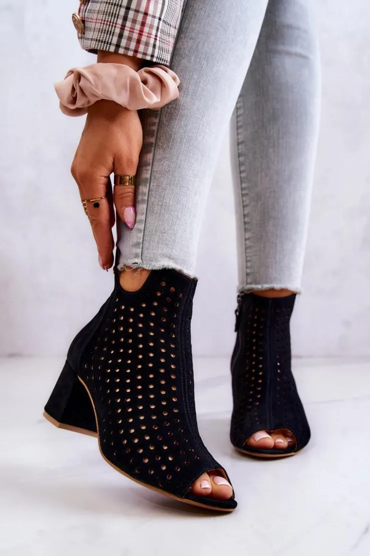 Damskie Maciejka Skórzane Ażurowe Botki 05420-43 Czarne