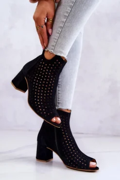 Damskie Maciejka Skórzane Ażurowe Botki 05420-43 Czarne