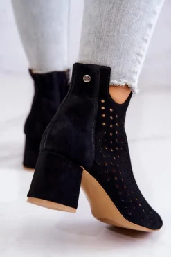 Damskie Maciejka Skórzane Ażurowe Botki 05420-43 Czarne