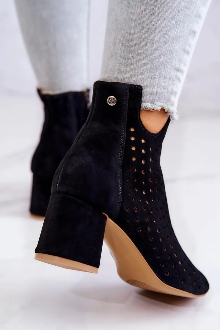 Damskie Maciejka Skórzane Ażurowe Botki 05420-43 Czarne