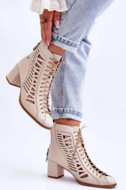 Damskie Maciejka Skórzane Ażurowe Botki 05508-22 Jasnobeżowe