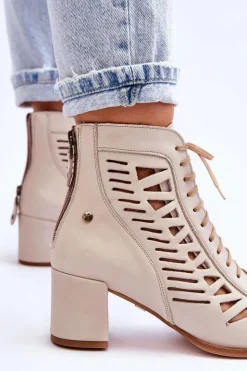 Damskie Maciejka Skórzane Ażurowe Botki 05508-22 Jasnobeżowe