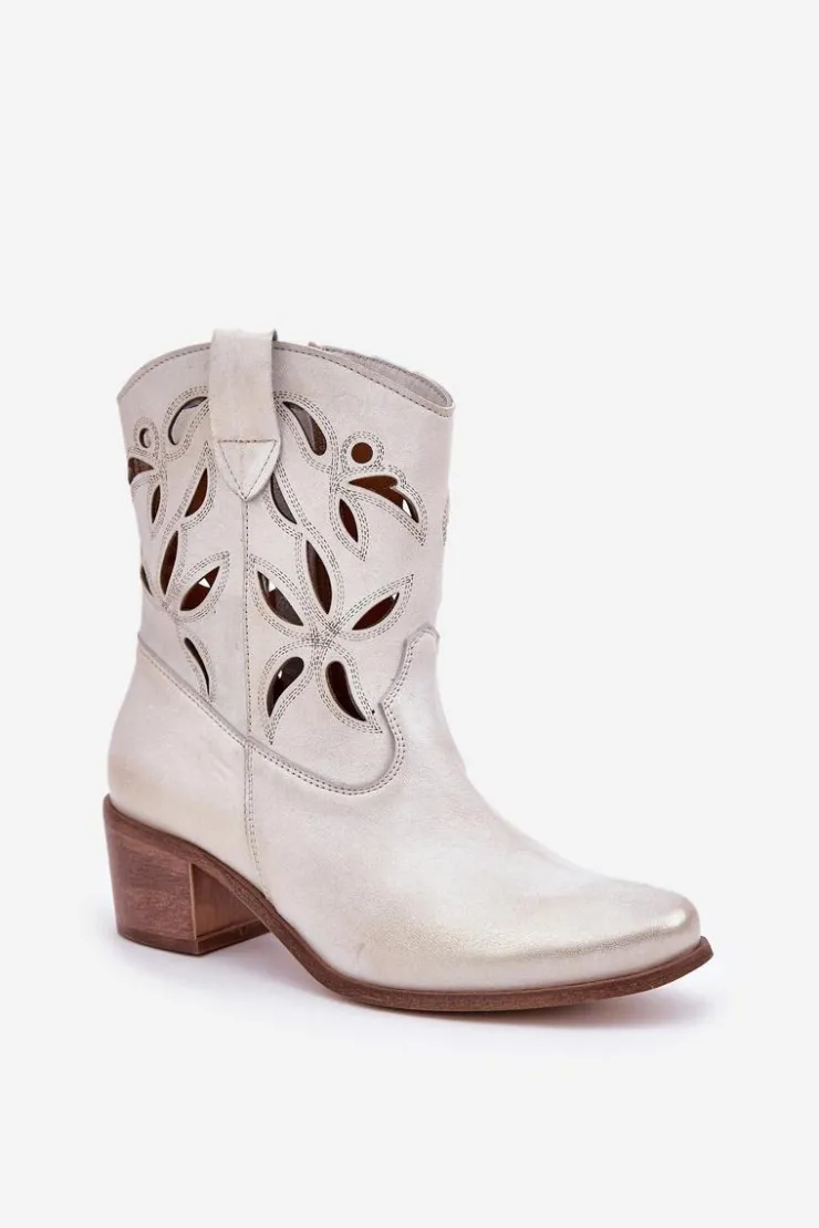 Damskie Boto Skórzane Ażurowe Botki Na Obcasie Zazoo 3621 Złoty Przecierany