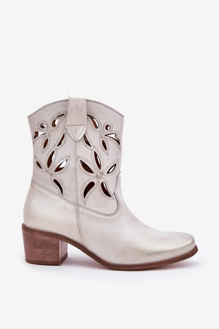 Damskie Boto Skórzane Ażurowe Botki Na Obcasie Zazoo 3621 Złoty Przecierany