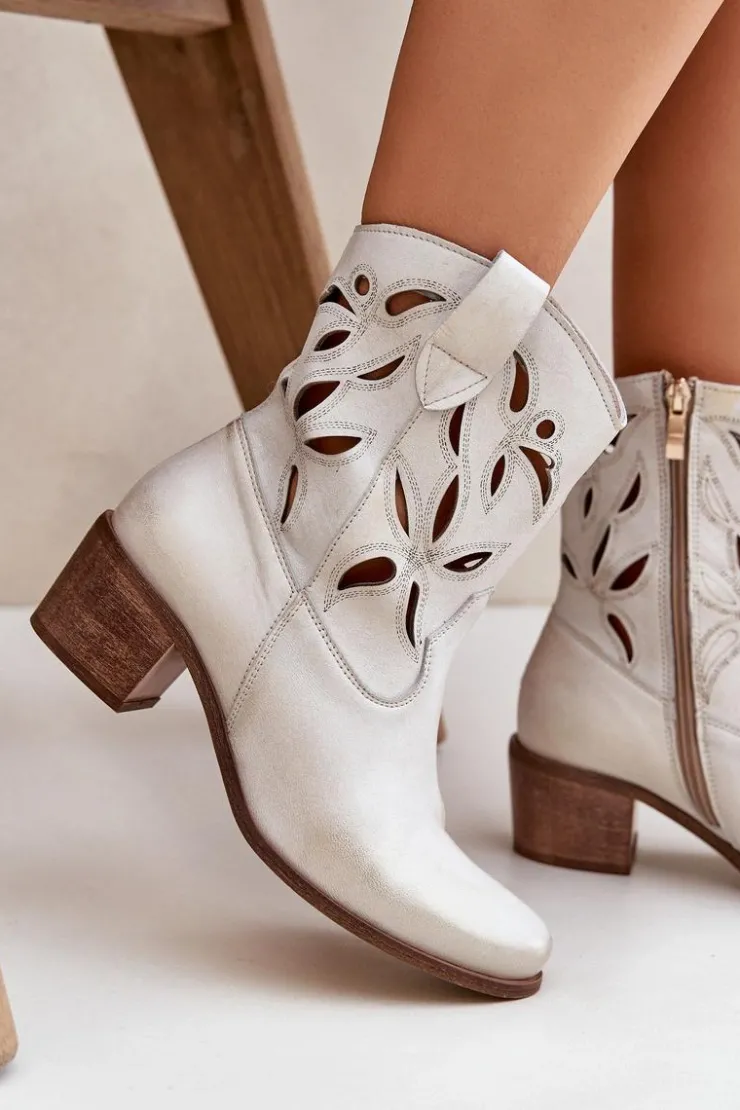 Damskie Boto Skórzane Ażurowe Botki Na Obcasie Zazoo 3621 Złoty Przecierany