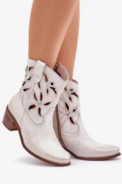 Damskie Boto Skórzane Ażurowe Botki Na Obcasie Zazoo 3621 Złoty Przecierany