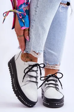 Damskie buty S.Barski Sneakersy Damskie*Skórzane Ażurowe Buty Sportowe Białe Leonor