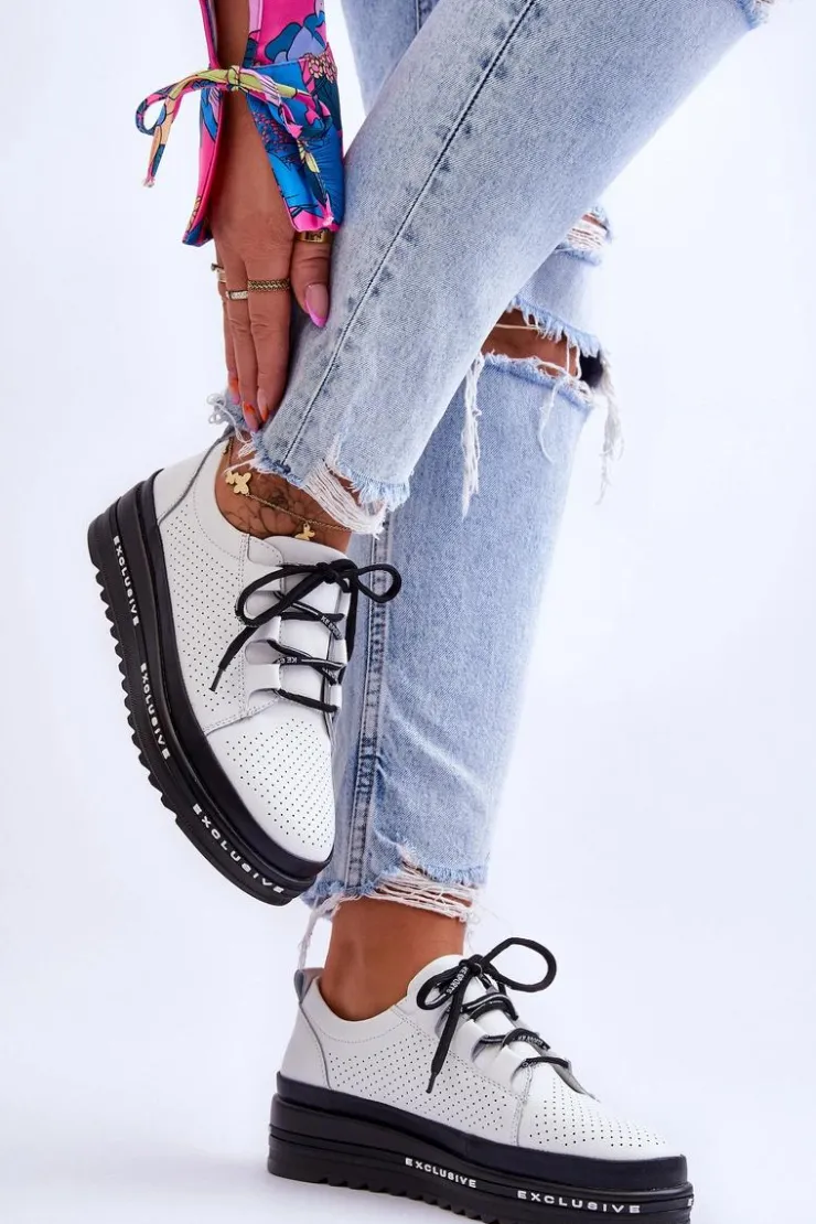 Damskie buty S.Barski Sneakersy Damskie*Skórzane Ażurowe Buty Sportowe Białe Leonor