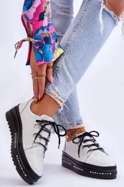 Damskie buty S.Barski Sneakersy Damskie*Skórzane Ażurowe Buty Sportowe Białe Leonor