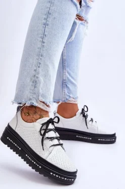 Damskie buty S.Barski Sneakersy Damskie*Skórzane Ażurowe Buty Sportowe Białe Leonor