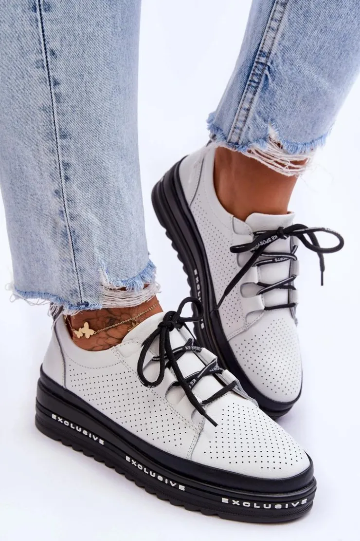 Damskie buty S.Barski Sneakersy Damskie*Skórzane Ażurowe Buty Sportowe Białe Leonor